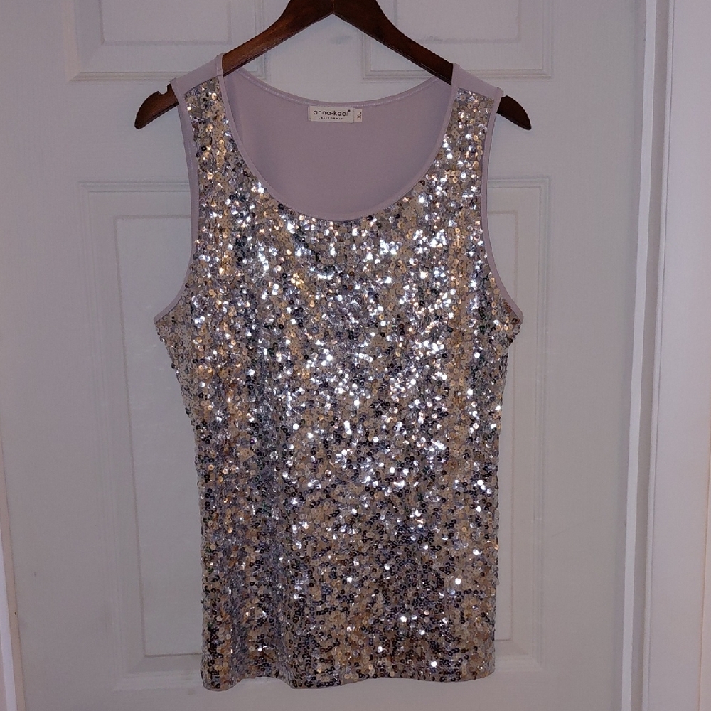 EUC Anna-Kaci Sparkle & Shine Collection Sequinned Tank, XL, Silver & Taupe